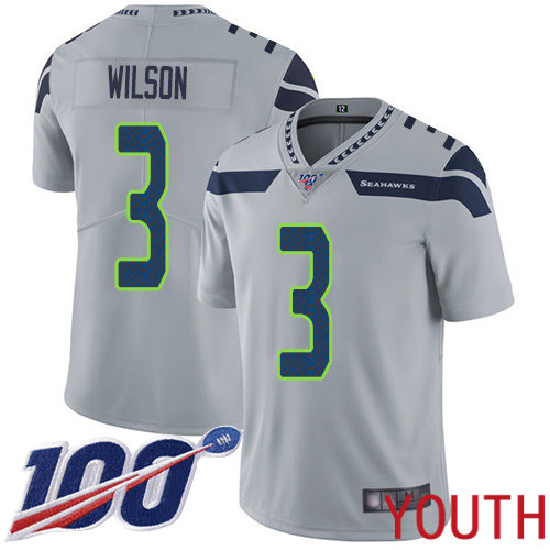 Seattle Seahawks Limited Grey Youth Russell Wilson Alternate Jersey NFL Football #3 100th Season Vapor Untouchable